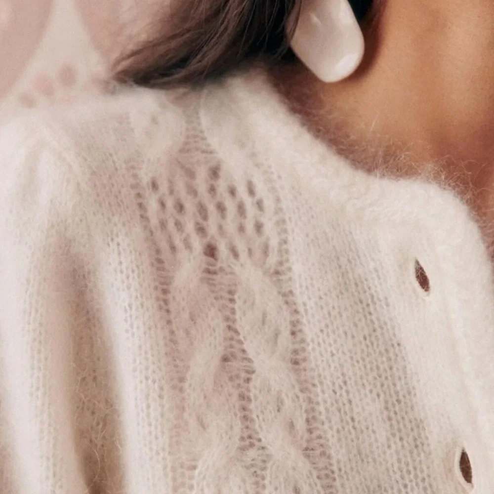 MAGASCHONI MOHAIR MERINO WOOL CHEVRON CABLE KNIT EVY CROPPED CARDIGAN Cream M - Picture 6 of 6